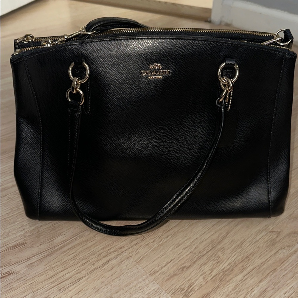 Coach Black Leather Tote with Gold Accents